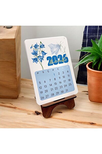 HOBİREYON 2026 Takvim - Çiçek Desenli Standlı Masaüstü Takvim- Ahşap Telefon Tutucu