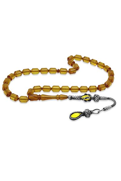 Tesbihane 1000 Sterling Silver Kazaz Tasseled Tip Capsule Cut Yellow Fire Amber Prayer Beads