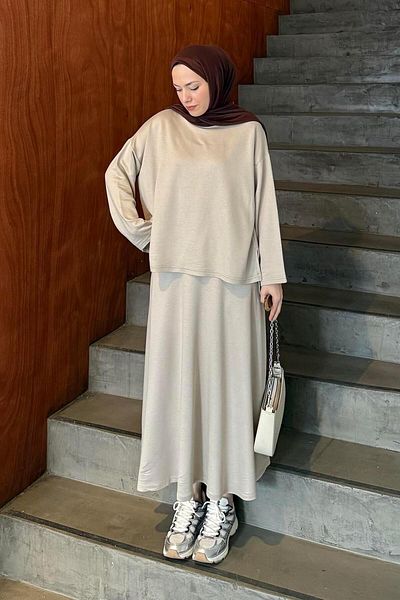 lamelif Crystal Flared Skirt Hijab Beige