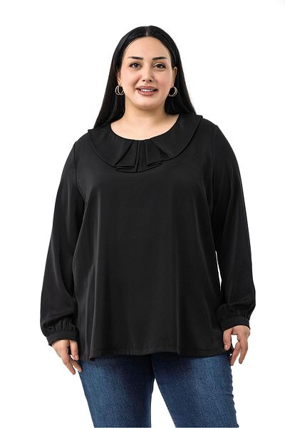 DISENTIS MODEST Plus Size Collar Pleated Black Blouse with Side Slits