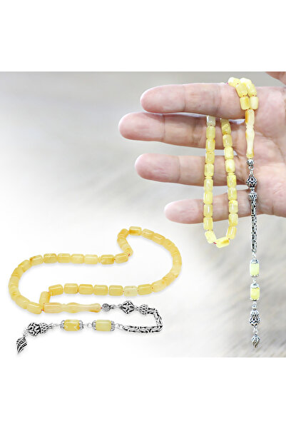 Tesbihane 925 Ayar Gümüş Kral Zincir Püsküllü Tombul Kapsül Kesim Sarı Beyaz Doğal Damla Kehribar Tesbih