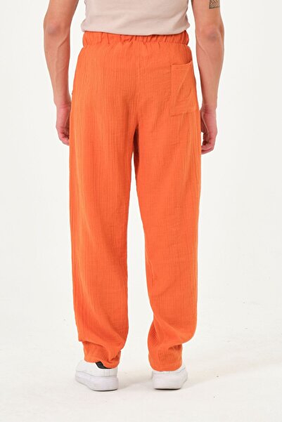 RELAXL 100% Cotton Muslin Fabric Loose Cut Summer Orange Baggy Trousers