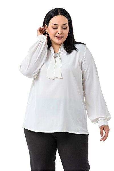 DISENTIS MODEST Plus Size White Blouse with Sparkle Detail on the Collar and Cuffs