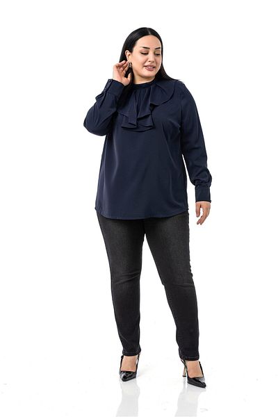 DISENTIS MODEST Plus Size Collar Single Layer Flounce Cuff Navy Blue Blouse