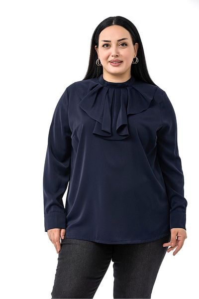 DISENTIS MODEST Plus Size Collar Single Layer Flounce Cuff Navy Blue Blouse
