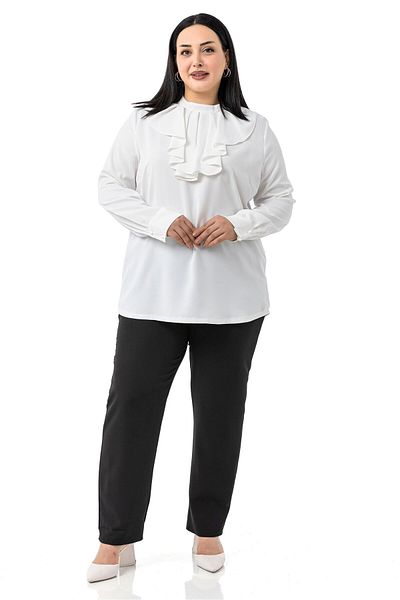 DISENTIS MODEST Plus Size Collar Single Layer Flounce Cuff White Blouse