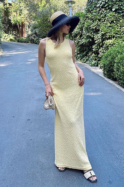 Swist Yellow Crew Neck Embossed Detail Women's Knitwear Midi Dress