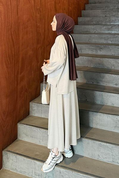 lamelif Crystal Flared Skirt Hijab Beige