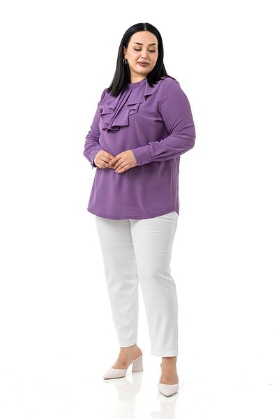 DISENTIS MODEST Plus Size Collar Single Layer Flounce Cuff Lilac Blouse