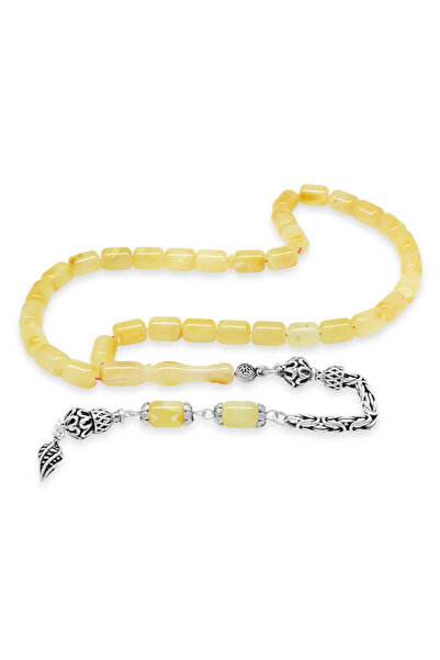 Tesbihane 925 Ayar Gümüş Kral Zincir Püsküllü Tombul Kapsül Kesim Sarı Beyaz Doğal Damla Kehribar Tesbih