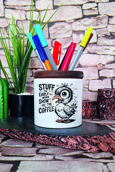 giftkonsept Stuff The Early Worm Show Me The Coffee Suport pentru stilou din ceramică cu imprimare Organizator de birou