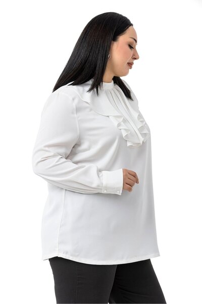 DISENTIS MODEST Plus Size Collar Single Layer Flounce Cuff White Blouse
