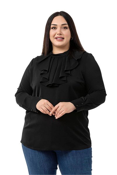 DISENTIS MODEST Plus Size Collar Single Layer Flounce Cuff Black Blouse