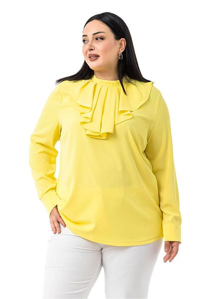 DISENTIS MODEST Plus Size Collar Single Layer Flounce Cuff Yellow Blouse