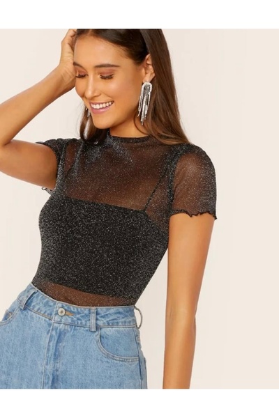 Oprah Kadın Simli Transparan Esnek Tül Crop Tshirt