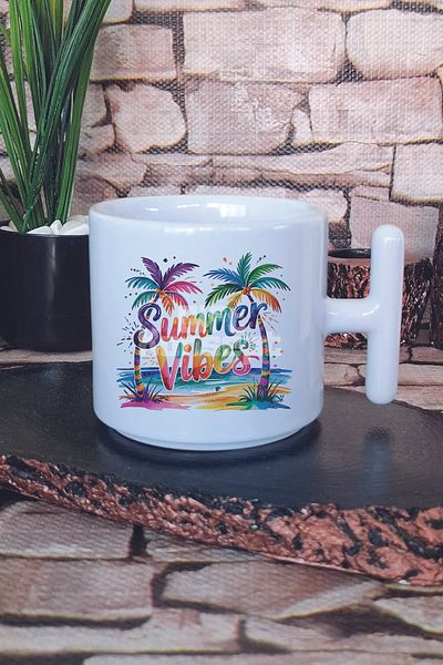 giftkonsept كوب لاتيه مطبوع عليه نخيل ملون من Summer Vibes مع مقبض على شكل حرف T