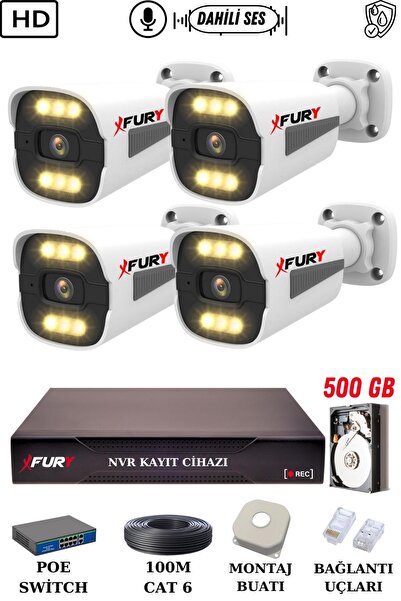 FURY 4 Kameralı Ip Güvenlik Kamerası Seti Sesli 4mp Gece Renkli Su Geçirmez 1...