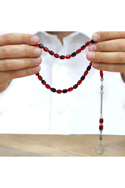 Tesbihane Blackened Metal Tassel Tip Capsule Name Written Ayyıldız Plate Red Black Fire Amber Prayer Beads