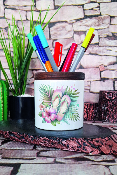 giftkonsept Цветен плаж №2 с печат на керамичен държач за моливи, настолен ор...