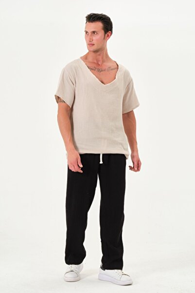 RELAXL %100 Pamuk Rahat Kesim Yazlık Müslin Kumaş Baggy Siyah Pantolon