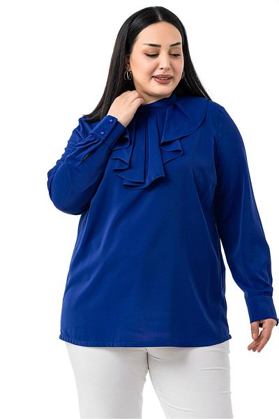 DISENTIS MODEST Plus Size Collar Single Layer Flounce Cuff Saks Blue Blouse