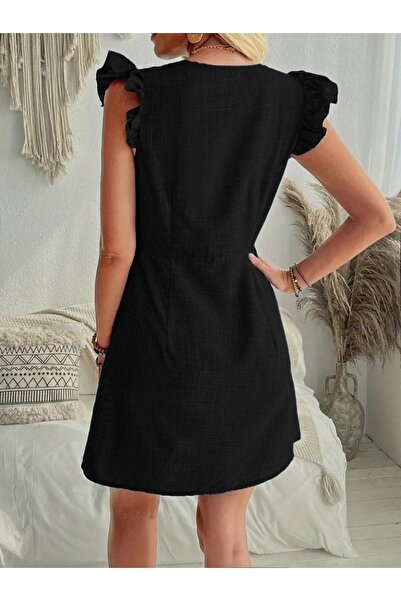 DRESSIFY WOMEN’S FASHION Γυναικείο λινό φόρεμα με βολάν με μανίκια V λαιμόκοψη