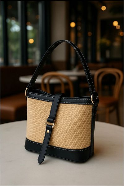 macharelbasic Women's Gold Detailed Straw Hand and Shoulder Bag
