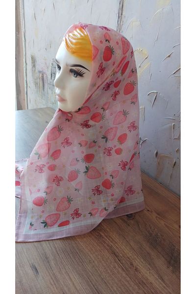 Nilbutik Girl's Pink Strawberry Themed Cotton Children's Scarf 80*80cm