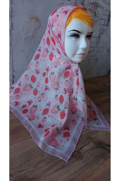 Nilbutik Girl's Pink Strawberry Themed Cotton Children's Scarf 80*80cm