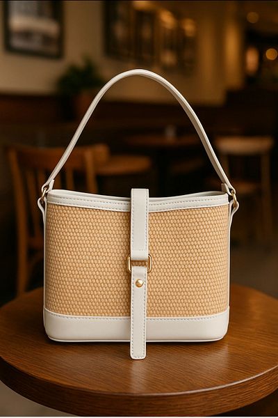 macharelbasic Women's Gold Detailed Straw Hand and Shoulder Bag