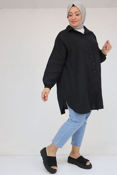 Eslina 58091 Large Size Muslin Shirt with Elastic Sleeves - Black