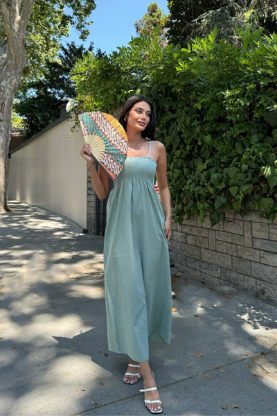 oshebu Mint – Cotton Long Summer Women's Dress – Off-The-Shoulder Strap Gathe...