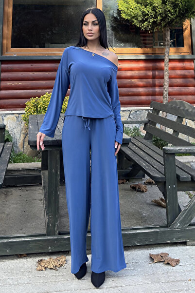 NEW LAVİVA Women's Boat Neck Sandy Fabric Elastic Waist Bottom Top Set 700-3668