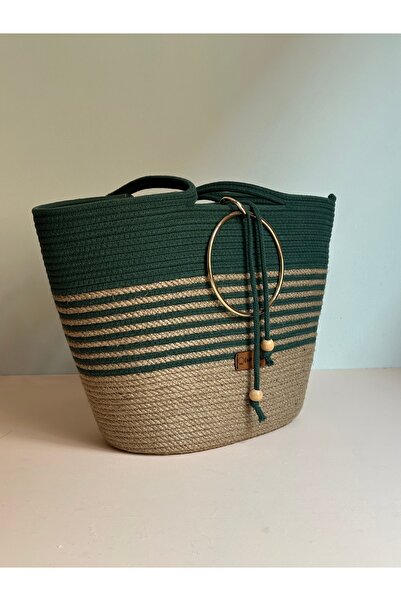 CraftNest Steel Gold Ring Beach Bag / Green and Straw Women's Shoulder Bag