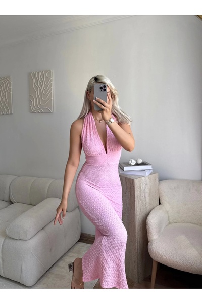 Zora Butik Boyun Bağlamalı Gofre Elbise - PEMBE