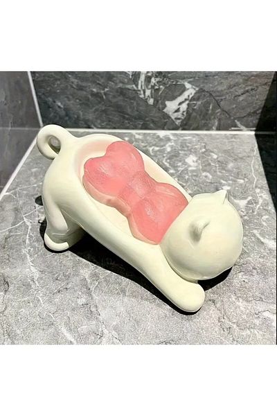 esdekor White Cute Cartoon Cat Soap Dish - Decorative Plastic Drain Soap Holder