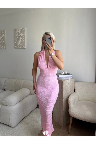 Zora Butik Boyun Bağlamalı Gofre Elbise - PEMBE