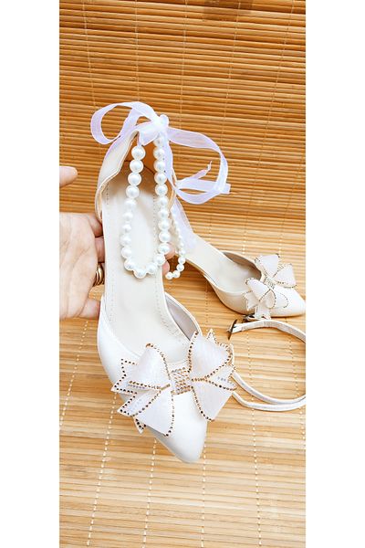 Berush Bride Women's Stoned Flower Pearl Ankle Strap Heeled Evening Dress Shoes