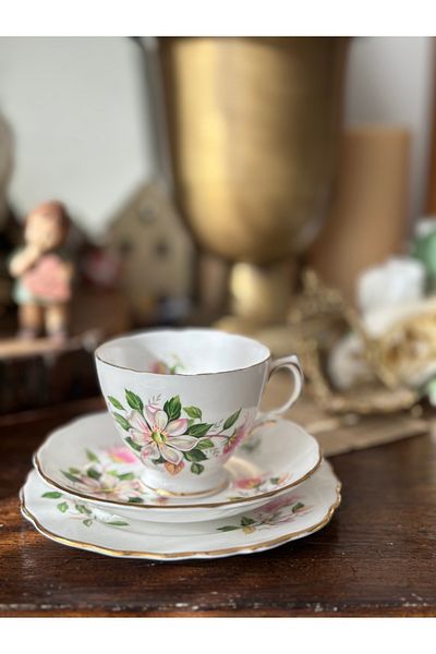 Royal Vale Stamped English Antique Porcelain Gilt Pink Floral Trio Teacup 3 Pieces