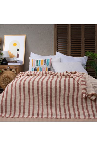 Befera Design 4 Layer Muslin 100% Cotton Double Pique Bedspread 220X240 Powder Pink Striped