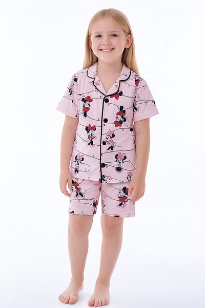 minikiss Girls' Summer Nightgown Pajama Set with Pile Piping Printed