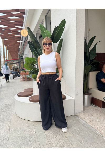 fly just Women's Plus Size Pockets, Elastic Waist, Woven Sofia Linen Fabric, Casual Cut Trousers