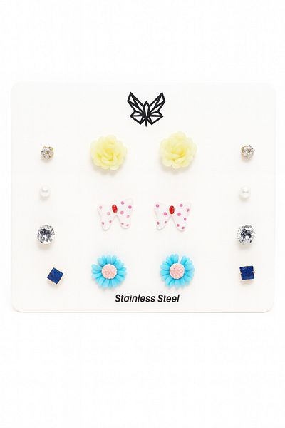 MakeWell Steel Needle Rose Daisy and Bow Design Zircon and Pearl Earrings Children's Earring Set