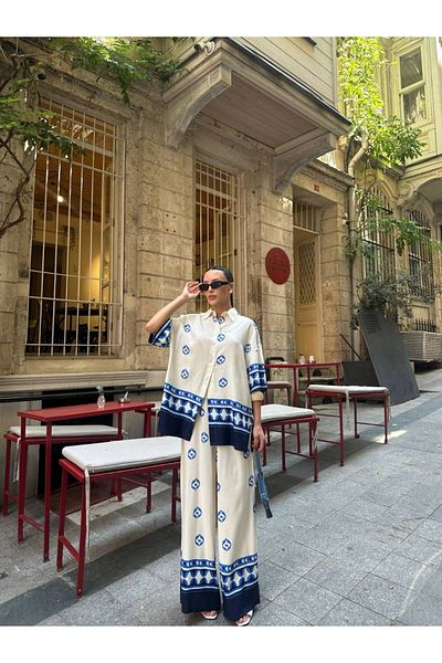 Julidress White Blue Pattern Shirt Pants Bottom Top Premium Thin Summer Suit
