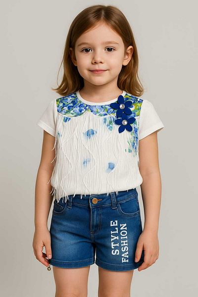 GAMZEAKKUŞ Girls' Set of 2 with Fringe, Floral Print Short Sleeve T-Shirt and Printed Denim Shorts