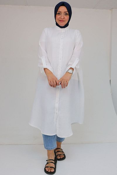 Eslina 58092 Large Size Double Button Detailed Muslin Shirt - Ecru