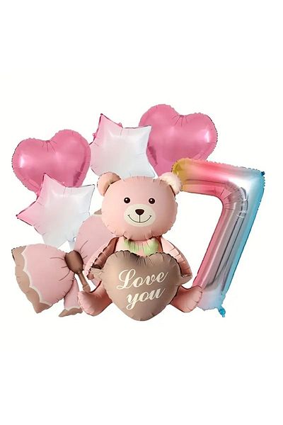 DÜVENCİ TİCARET Pink Sitting Bear Foil Balloon Birthday Age Balloon Set