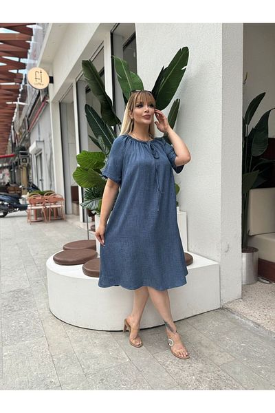 fly just Women's Plus Size Madonna Collar Short Sleeve Sofia Linen Dress