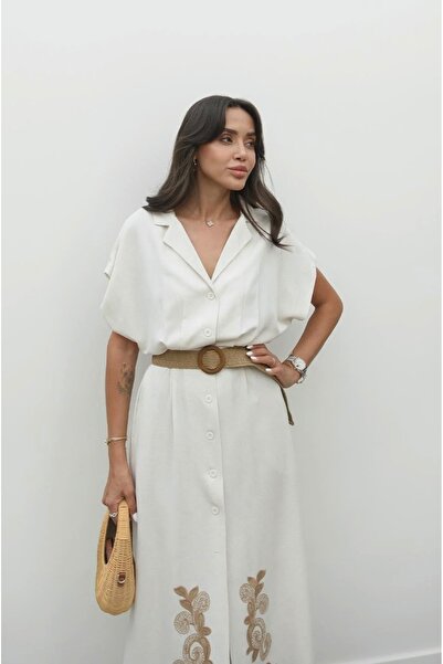 BRTC design Kadın Krem Kemer Detaylı Çiçek Nakışlı Maxi Elbise