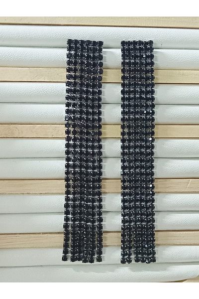 mos&more Black Stone Dangle Sparkling Long Women's Evening Dress Earrings, Tassel Earrings, Waterway, 6 Strips